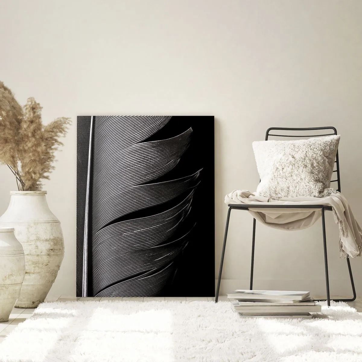 Obraz na szkle - Czarno-biała tekstura pióra w minimalistycznym stylu - 80x120cm - Pióro – cudowna konstrukcja - Nowoczesna dekoracja ścienna do salonu i sypialni ARTTOR
