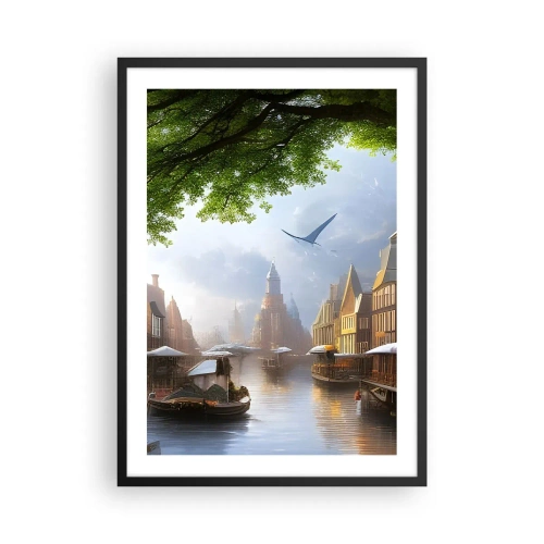 Plakat w czarnej ramie - Malowniczy widok na kanał z historyczną architekturą - 50x70cm - Niderlandzki pejzaż miejski - Nowoczesna dekoracja ścienna do salonu i sypialni ARTTOR