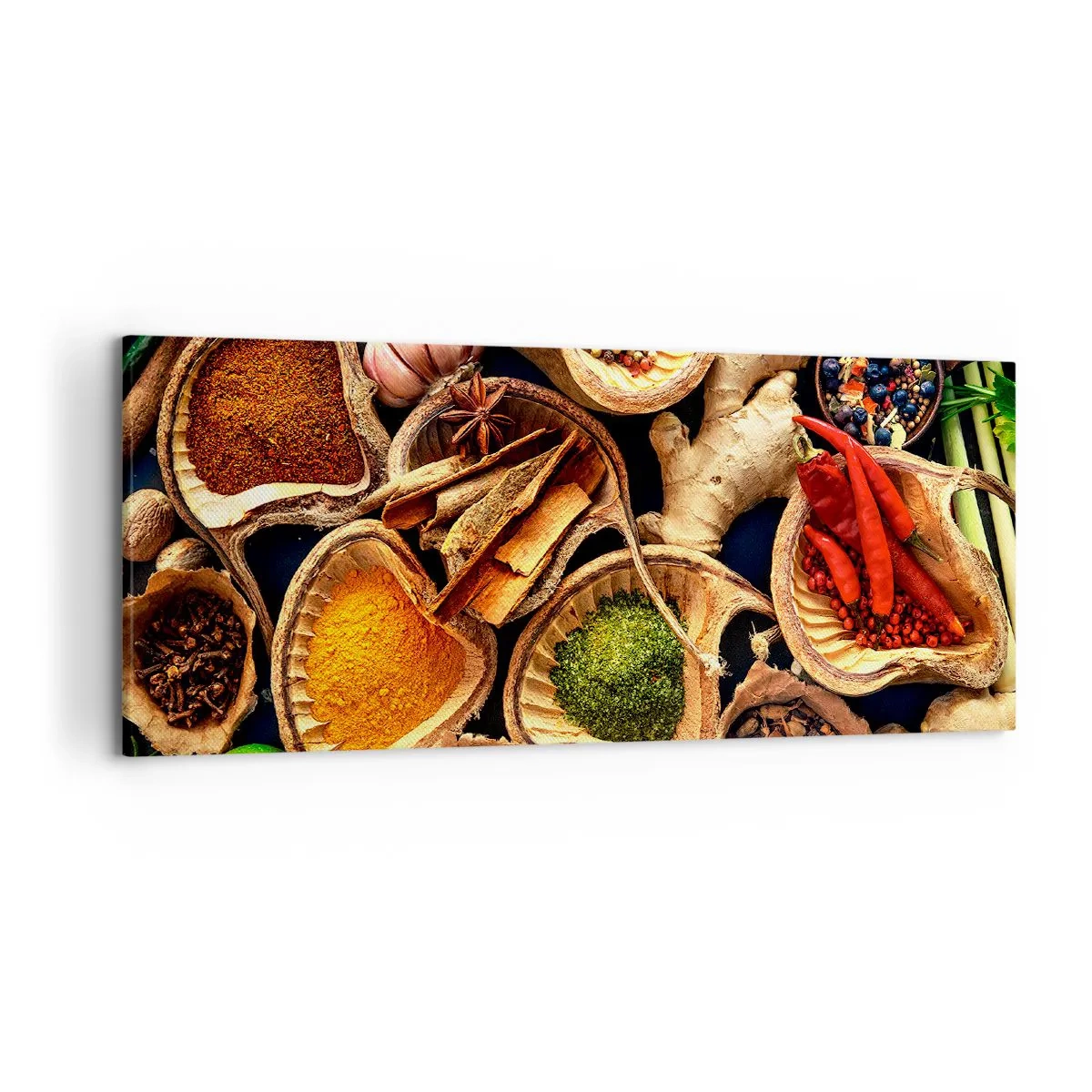Obraz na płótnie - Miseczki z przyprawami w różnych kolorach - 120x50cm - Bierz, co chcesz - Nowoczesna dekoracja ścienna do salonu i sypialni ARTTOR