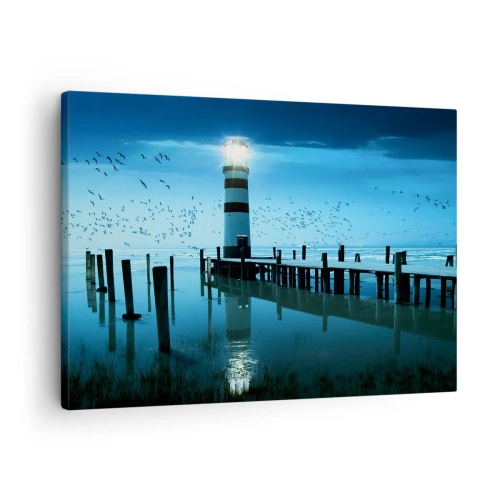 Obraz na płótnie - Latarnia morska przy molo oświetlona nocą - 70x50cm - I nie boisz się ciemności - Nowoczesna dekoracja ścienna do salonu i sypialni ARTTOR