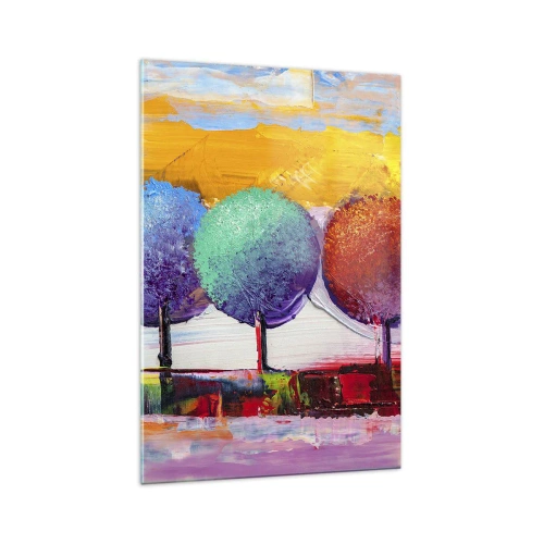 Obraz na szkle - Trzy kolorowe drzewa na abstrakcyjnym tle - 70x100cm - Do trzech razy sztuka - Nowoczesna dekoracja ścienna do salonu i sypialni ARTTOR