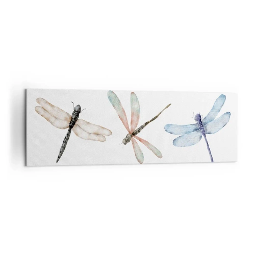 Obraz na płótnie - Trzy ważki w delikatnych pastelowych barwach - 160x50cm - Ważki nieważkie - Nowoczesna dekoracja ścienna do salonu i sypialni ARTTOR