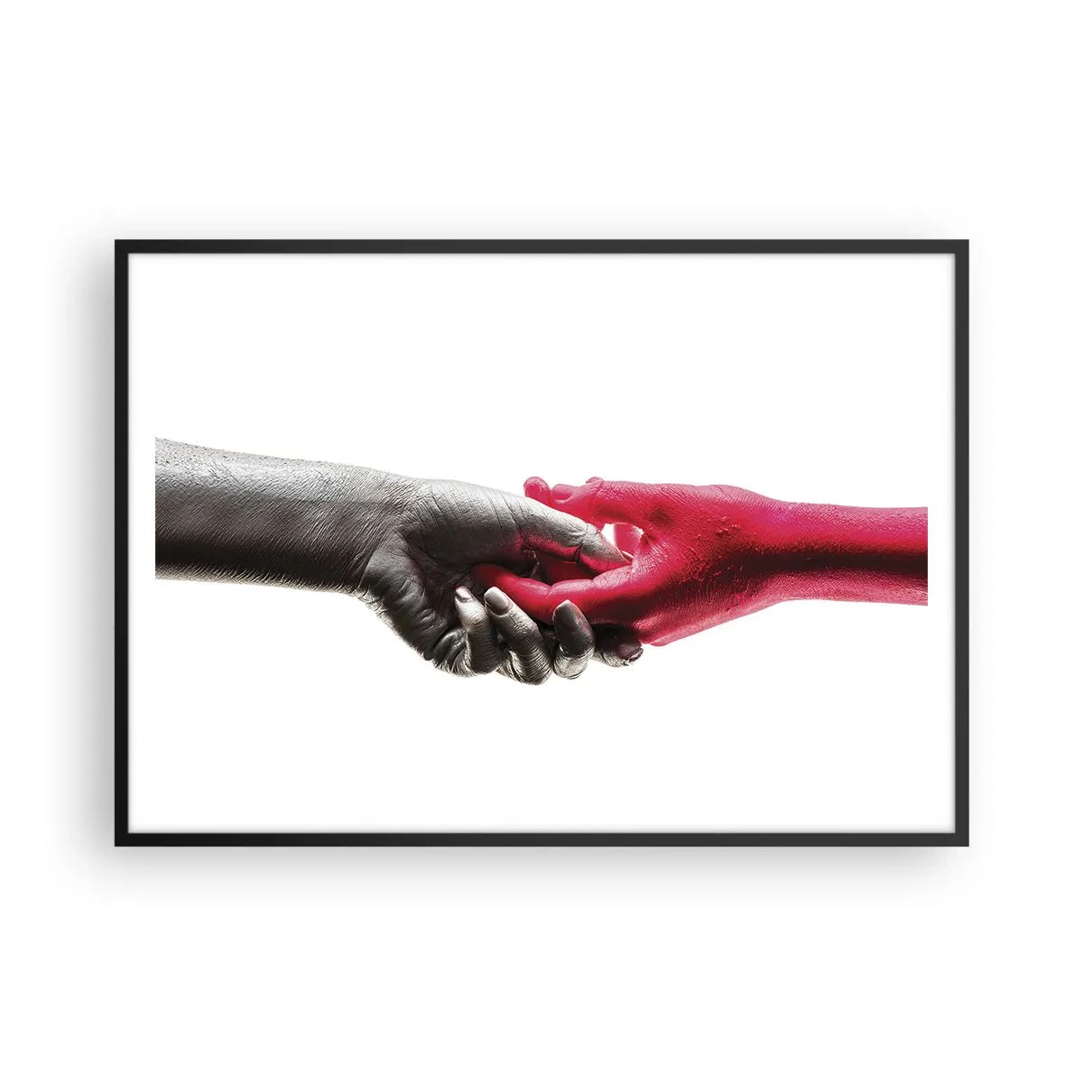 Plakat w czarnej ramie - Symboliczne dłonie w srebrnym i czerwonym kolorze - 100x70cm - Razem, choć inni - Nowoczesna dekoracja ścienna do salonu i sypialni ARTTOR