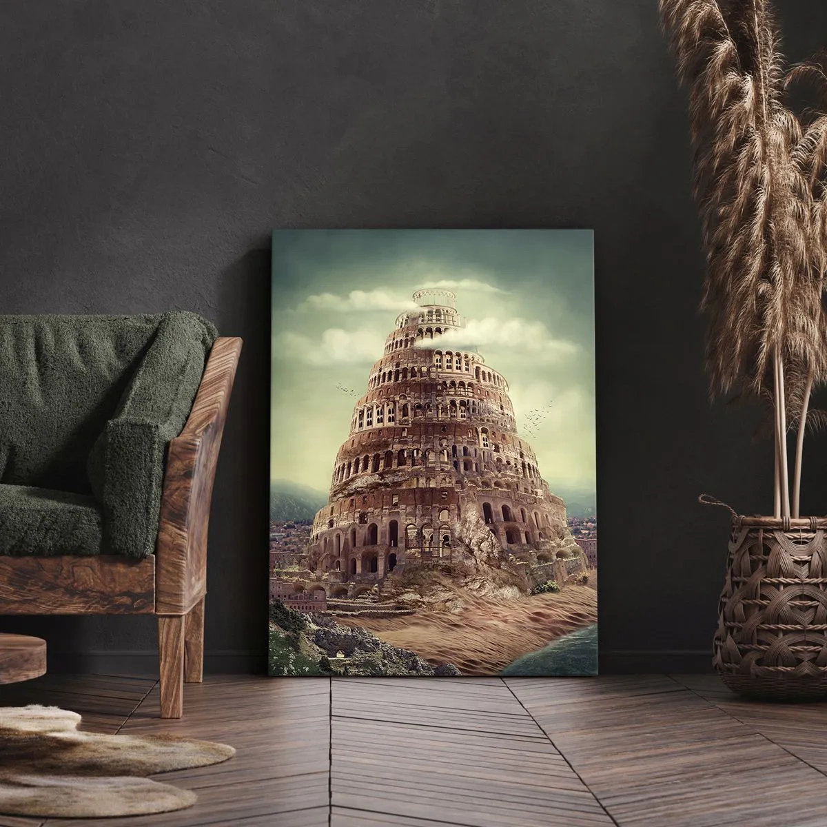 Obraz na płótnie - Fantastyczna wizja starożytnej wieży Babel w baśniowej scenerii - 50x70cm - Wieża Babel - Nowoczesna dekoracja ścienna do salonu, kuchni i sypialni ARTTOR