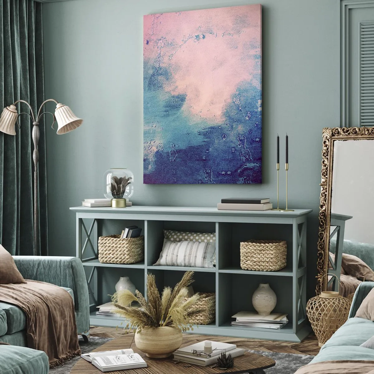 Obraz na płótnie - Abstrakcyjna tekstura w odcieniach różu i niebieskiego - 70x100cm - Błękitne objęcia - Nowoczesna dekoracja ścienna do salonu i sypialni ARTTOR