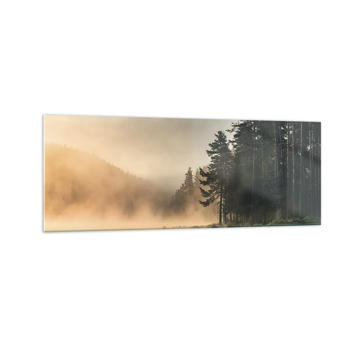 Obraz na szkle - Mglisty las nad spokojnym jeziorem - 140x50cm - Narodziny dnia - Nowoczesna dekoracja ścienna do salonu i sypialni ARTTOR