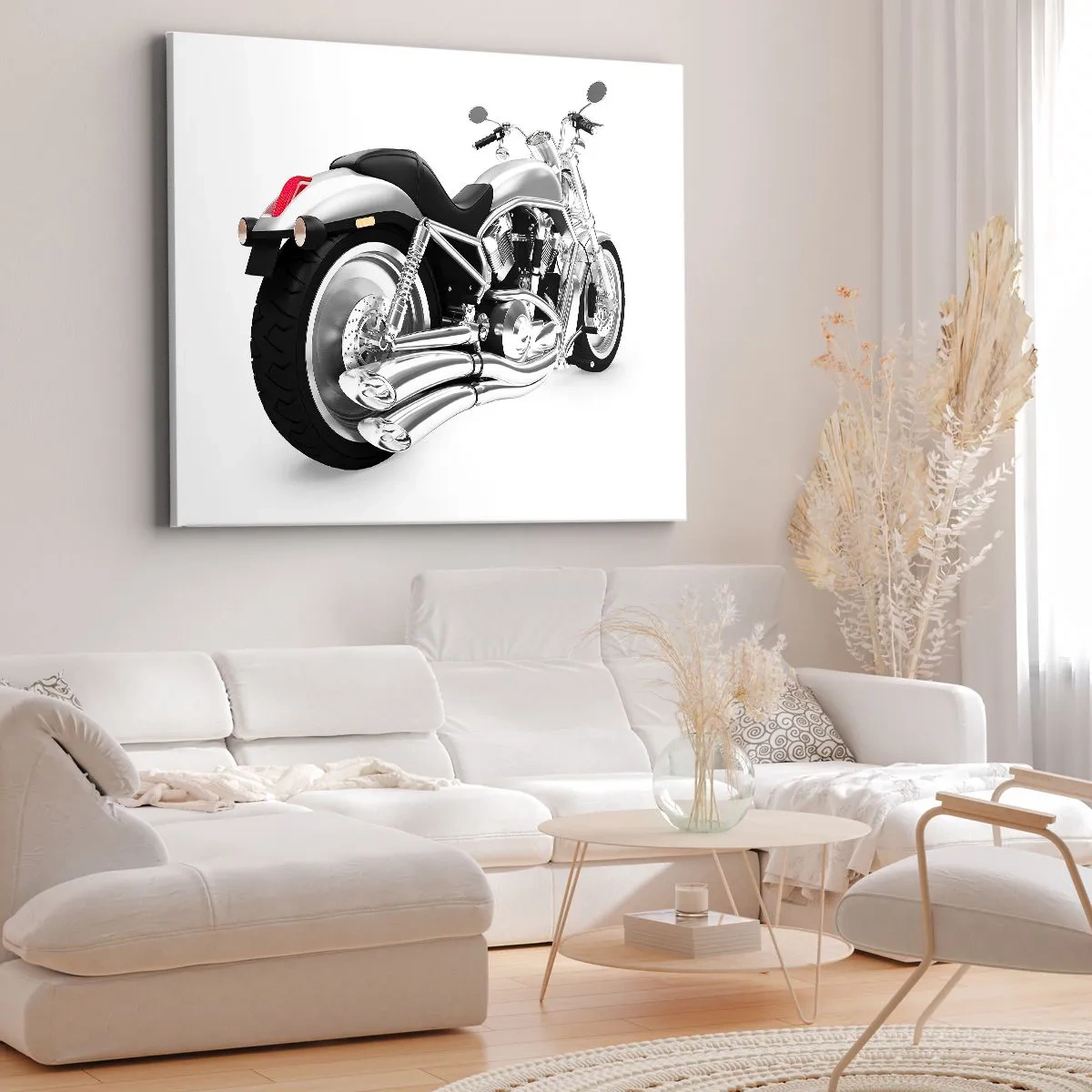 Obraz na płótnie - Chromowany motocykl na białym tle - 120x80cm - Marzenie kolekcjonera - Nowoczesna dekoracja ścienna do salonu, kuchni i sypialni ARTTOR