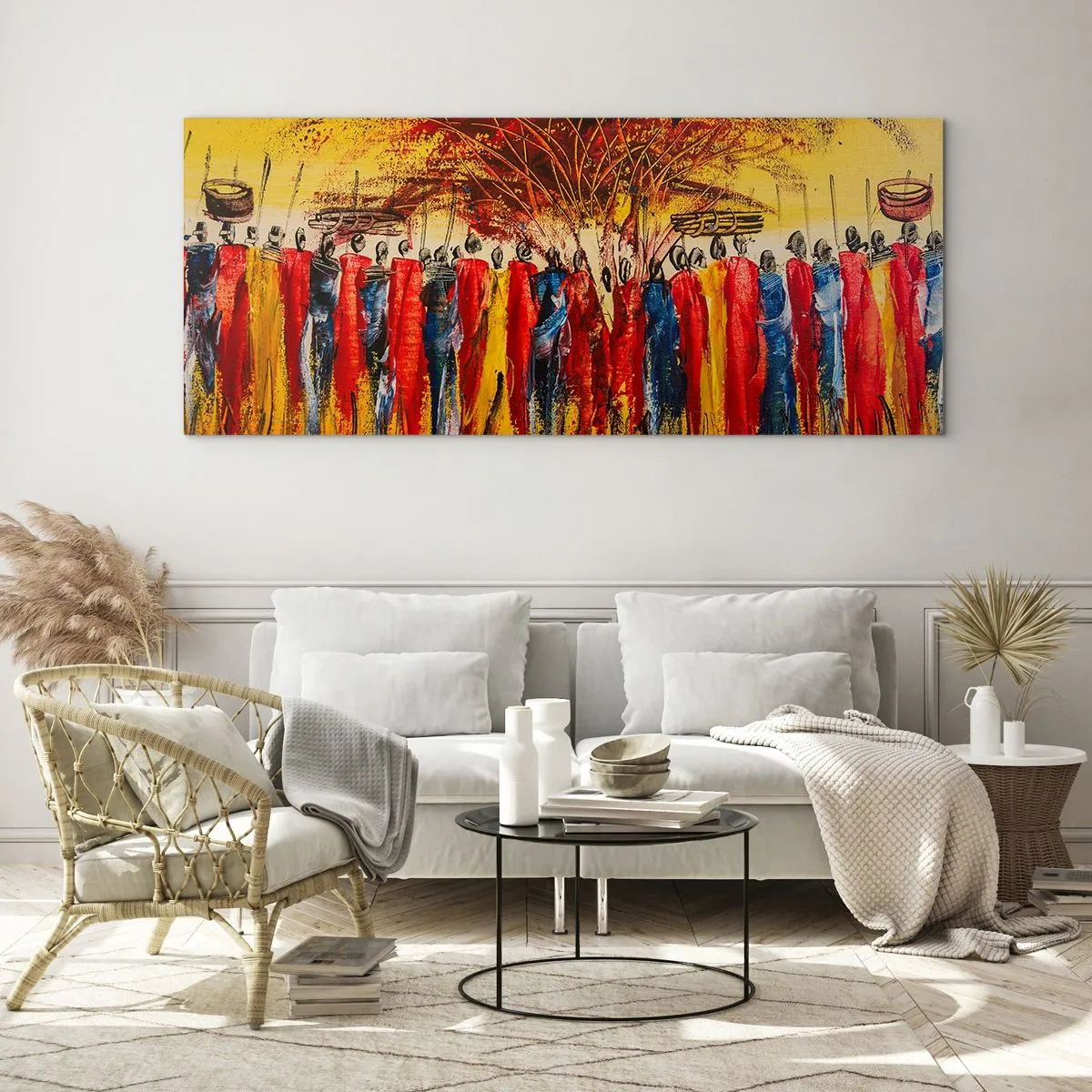 Obraz na szkle - Kolorowa scena z afrykańskimi postaciami na tle zachodzącego słońca - 120x50cm - Tam, tam, tam tam idą - Nowoczesna dekoracja ścienna do salonu i sypialni ARTTOR