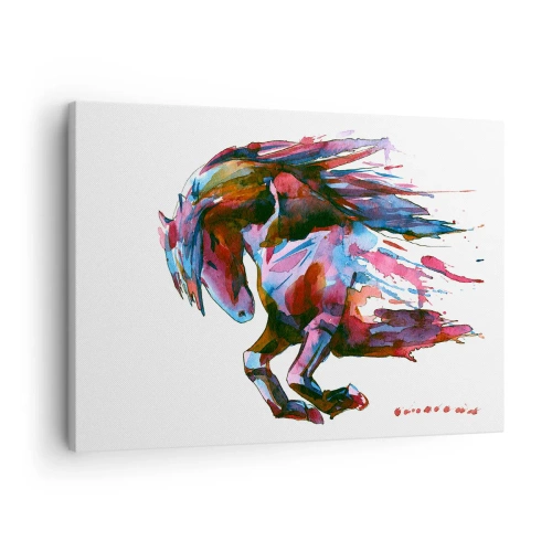 Obraz na płótnie - Koń w dynamicznych abstrakcyjnych barwach symbolizujący wolność - 70x50cm - W uniesieniu - Nowoczesna dekoracja ścienna do salonu i sypialni ARTTOR