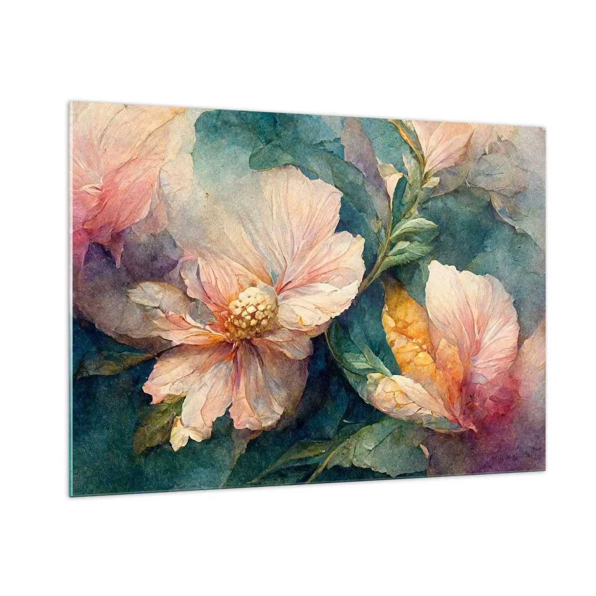 Obraz na szkle - Delikatne kwiaty w pastelowej akwarelowej tonacji - 100x70cm - Sama subtelność - Nowoczesna dekoracja ścienna do salonu, kuchni i sypialni ARTTOR