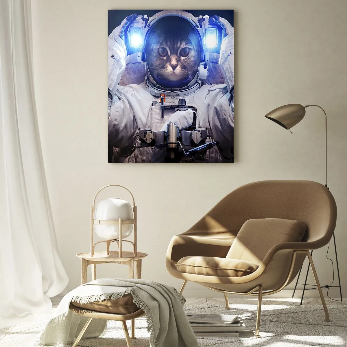 Obraz na szkle - Kot w stroju astronauty z Ziemią w tle i jasnym światłem - 80x120cm - Houston, macie problem - Nowoczesna dekoracja ścienna do salonu i sypialni ARTTOR