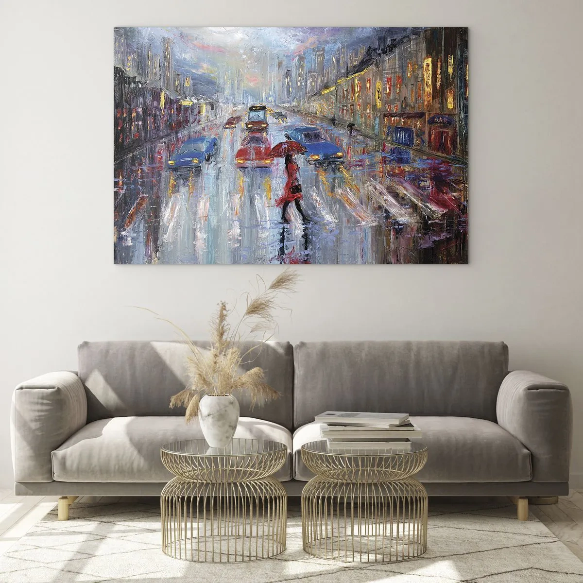 Obraz na szkle - Miejska scena nocą z deszczem i kolorowymi światłami - 70x50cm - Deszczowe popołudnie w mieście - Nowoczesna dekoracja ścienna do salonu i sypialni ARTTOR