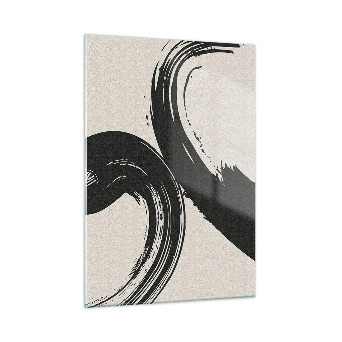 Obraz na szkle - Czarne, dynamiczne pociągnięcia pędzla w stylu kaligrafii na jasnym tle - 50x70cm - Zamaszyście i koliście - Nowoczesna dekoracja ścienna do salonu, kuchni i sypialni ARTTOR