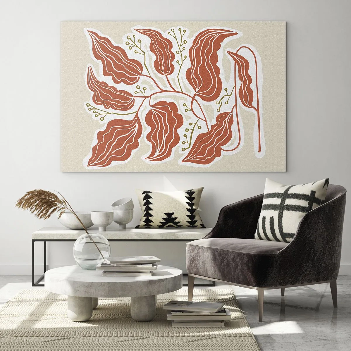 Obraz na szkle - Koralowe liście z ludowym wzorem na jasnym tle - 70x50cm - Ludowo i koralowo - Nowoczesna dekoracja ścienna do salonu i sypialni ARTTOR
