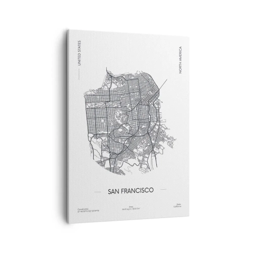 Obraz na płótnie - Minimalistyczna mapa San Francisco w czarnych liniach na białym tle - 50x70cm - Anatomia San Francisco - Nowoczesna dekoracja ścienna do salonu, kuchni i sypialni ARTTOR