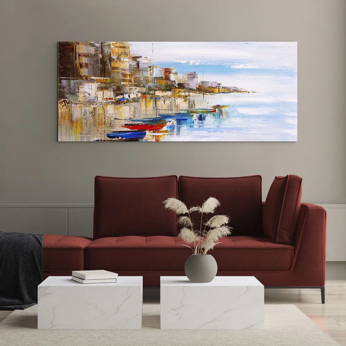 Obraz na szkle - Wielobarwna miejska przystań - 100x40 cm