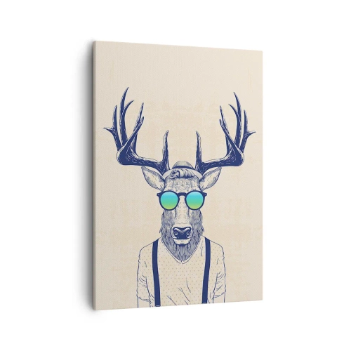 Obraz na płótnie - Stylizowany rysunek jelenia w okularach przeciwsłonecznych i szelkach - 50x70cm - A kogo się spodziewałeś? - Nowoczesna dekoracja ścienna do salonu, kuchni i sypialni ARTTOR