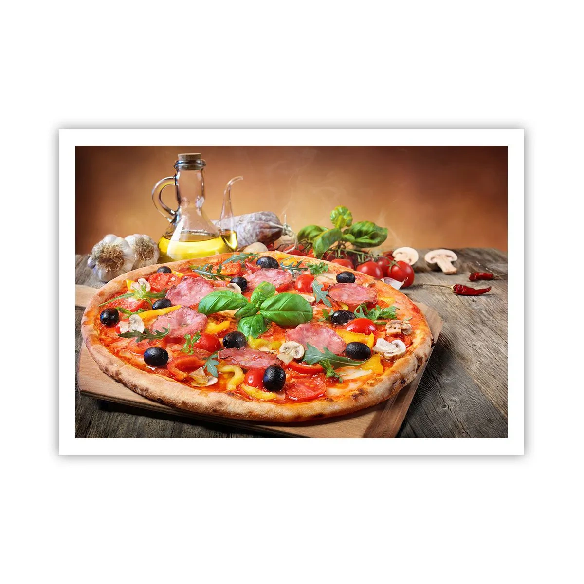 Plakat - Apetyczna pizza na drewnianym stole z dodatkami - 100x70cm - Z prawdziwie włoskim smakiem - Nowoczesna dekoracja ścienna do salonu i sypialni ARTTOR