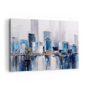 Obraz na płótnie - Abstrakcyjna panorama miasta z odcieniami błękitu i żółci - 120x80cm - Nowojorska impresja - Nowoczesna dekoracja ścienna do salonu, kuchni i sypialni ARTTOR