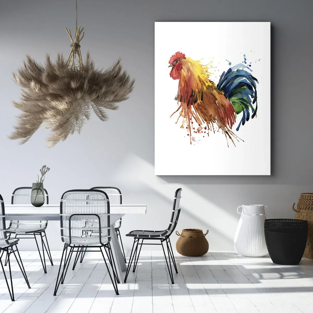 Obraz na płótnie - Akwarelowy kogut w żywych kolorach - 50x70cm - Królewska szata, królewska duma - Nowoczesna dekoracja ścienna do salonu, kuchni i sypialni ARTTOR
