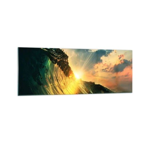Obraz na szkle - Fala z zachodzącym słońcem i rozświetlonymi chmurami - 140x50cm - Surferze, gdzie jesteś? - Nowoczesna dekoracja ścienna do salonu i sypialni ARTTOR