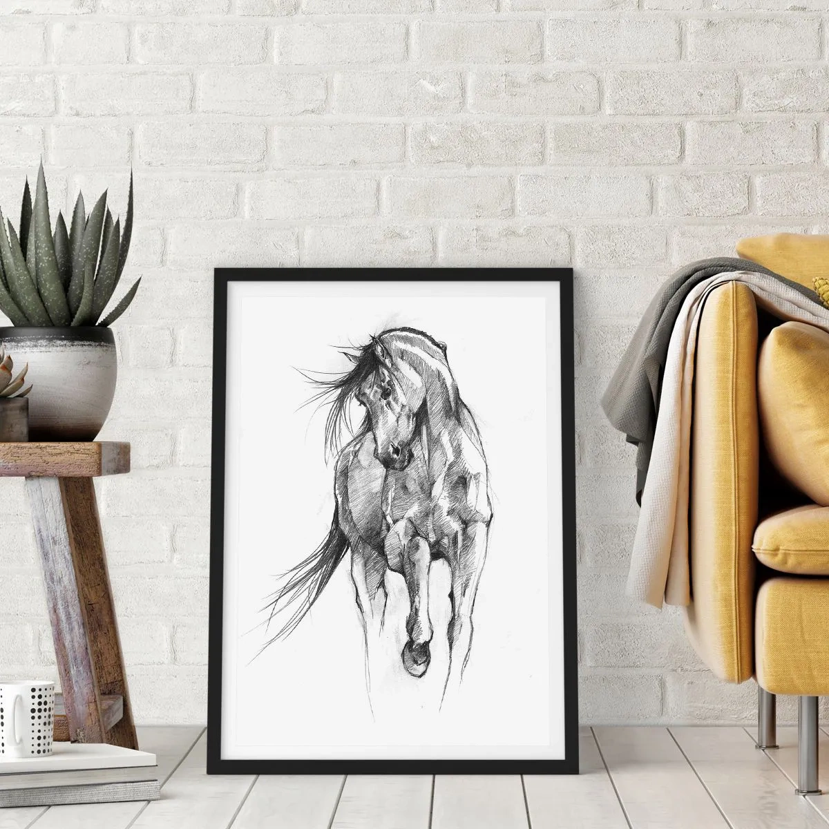 Plakat w czarnej ramie - Szkic konia w dynamicznej pozie - 50x70cm - We wdzięcznym kłusie - Nowoczesna dekoracja ścienna do salonu i sypialni ARTTOR