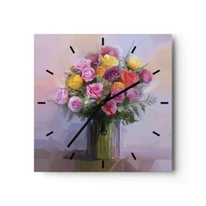 Zegar ścienny - Bukiet kolorowych róż w szklanym wazonie - 30x30cm - Zatrzymane piękno - Nowoczesna dekoracja ścienna do salonu i sypialni ARTTOR