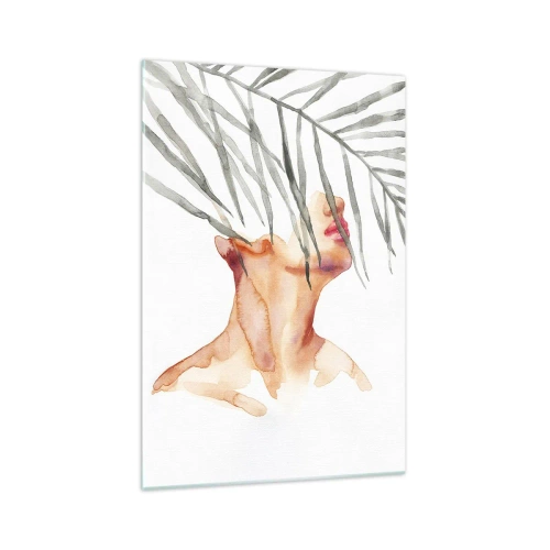 Obraz na szkle - Akwarelowa sylwetka kobiety z gałęzią palmy zasłaniającą twarz - 70x100cm - Poczuć puls tropików - Nowoczesna dekoracja ścienna do salonu i sypialni ARTTOR