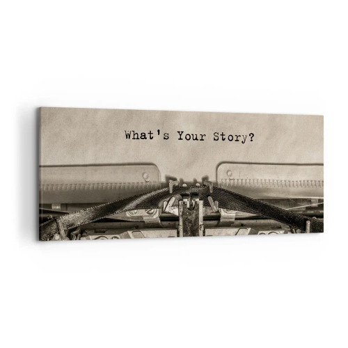 Obraz na płótnie - Maszyna do pisania z napisem What’s Your Story? - 120x50cm - Opowiedz mi - Nowoczesna dekoracja ścienna do salonu i sypialni ARTTOR