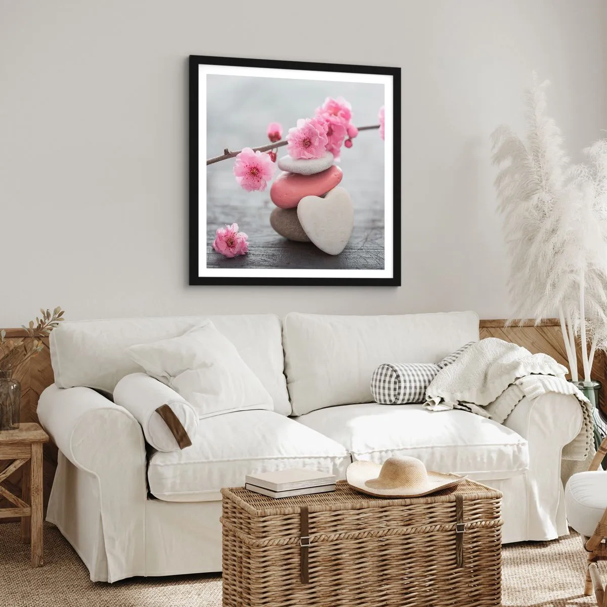 Plakat w czarnej ramie - Błogość z kwiatem wiśni - 30x30 cm
