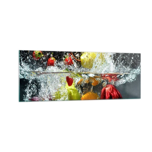 Obraz na szkle - Kolorowe owoce w wodzie podczas dynamicznego zanurzenia - 140x50cm - Owocowe orzeźwienie - Nowoczesna dekoracja ścienna do salonu i sypialni ARTTOR