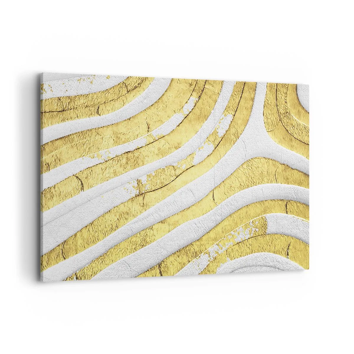 Obraz na płótnie - Złote i białe abstrakcyjne linie w fakturze 3D - 100x70cm - Kompozycja w bieli i złocie - Nowoczesna dekoracja ścienna do salonu, kuchni i sypialni ARTTOR
