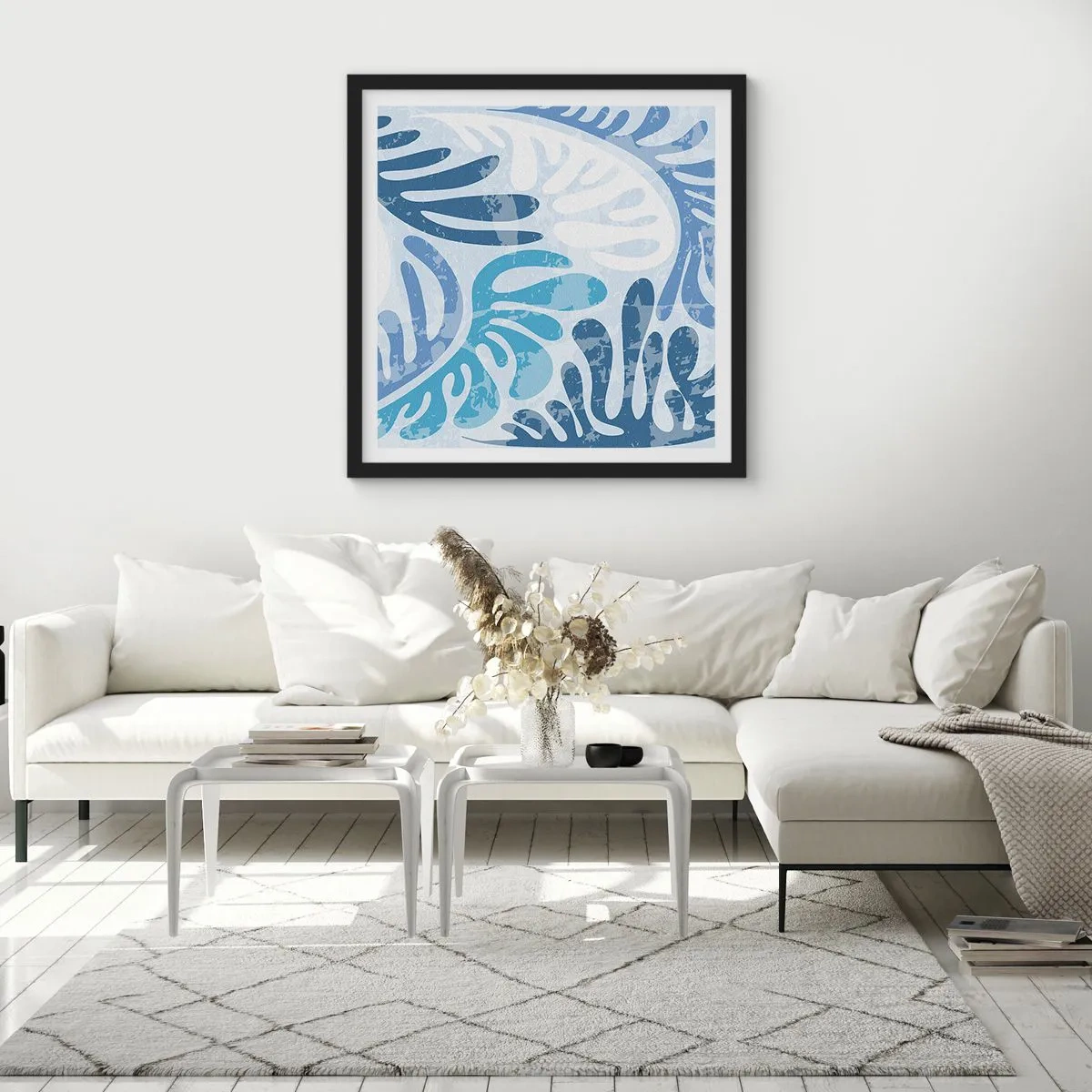 Plakat w czarnej ramie - Błękitne paprocie - 40x40 cm