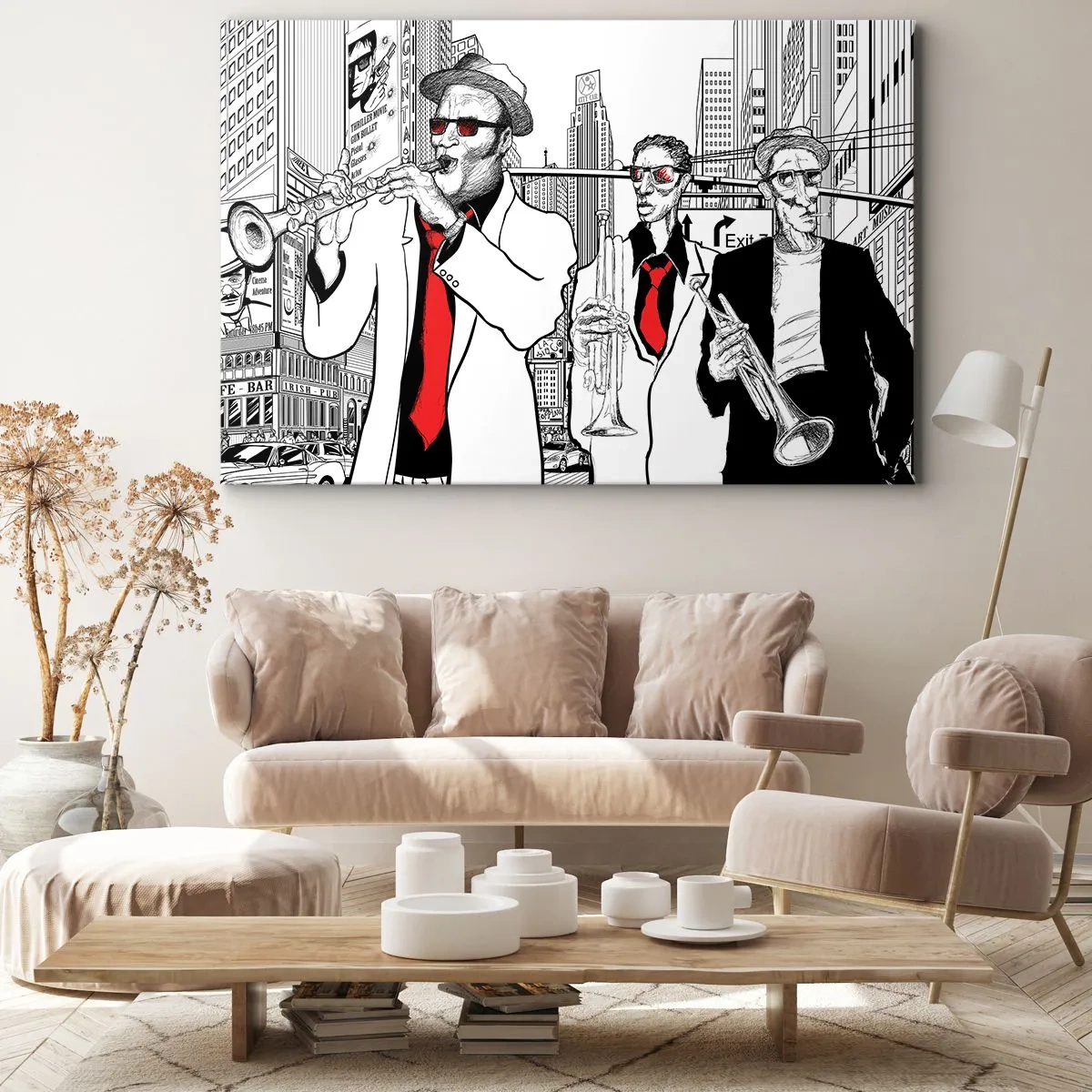 Obraz na płótnie - Ilustracja muzyków jazzowych na tle miejskiej scenerii - 70x50cm - Miejska rapsodia w czerni i czerwieni - Nowoczesna dekoracja ścienna do salonu i sypialni ARTTOR