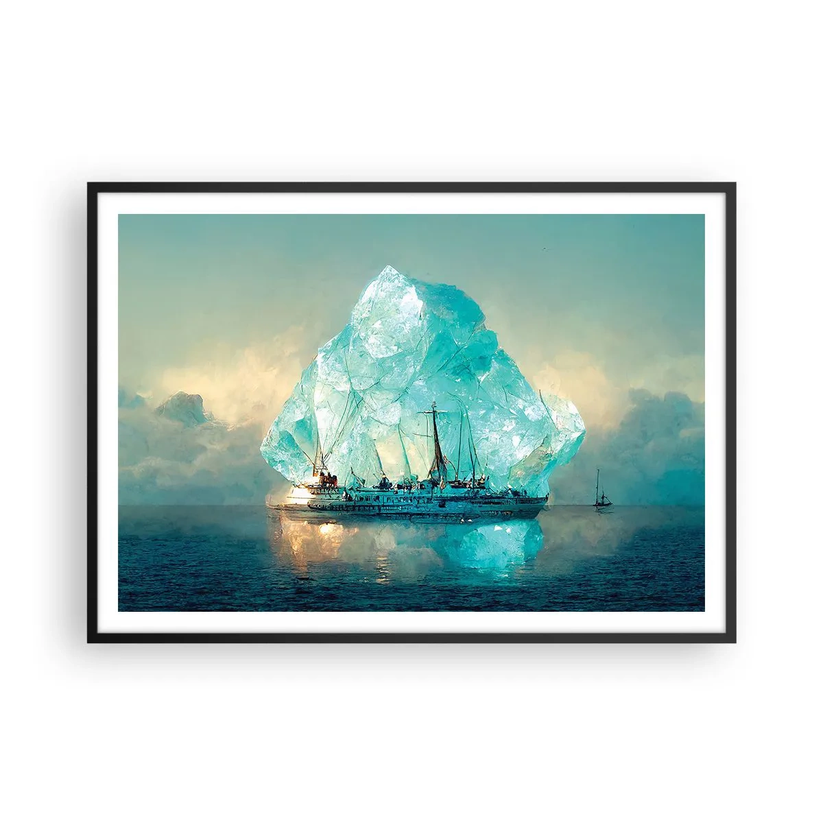 Plakat w czarnej ramie - Statek na tle majestatycznej góry lodowej - 100x70cm - Arktyczny brylant - Nowoczesna dekoracja ścienna do salonu i sypialni ARTTOR