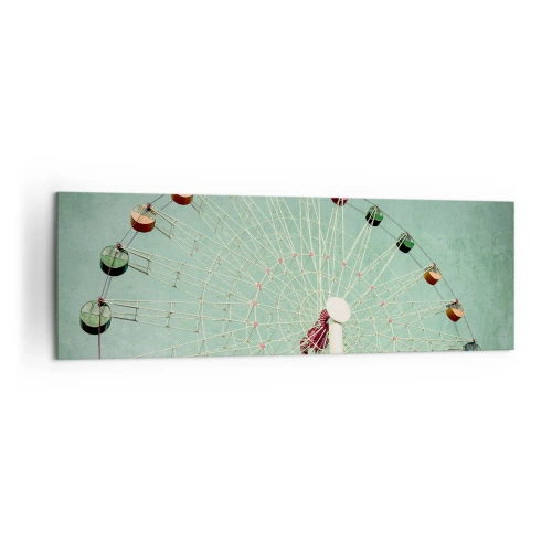 Obraz na płótnie - Kolorowy diabelski młyn na tle błękitnego nieba w stylu retro - 160x50cm - Zapraszamy do zabawy - Nowoczesna dekoracja ścienna do salonu i sypialni ARTTOR