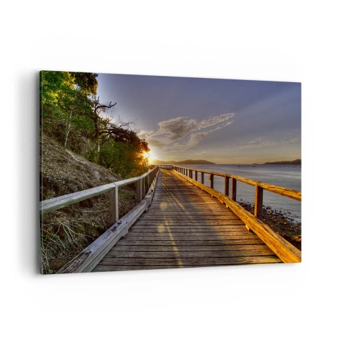 Obraz na płótnie - Drewniany pomost prowadzący w stronę zachodu słońca nad wodą - 100x70cm - Iść, ciągle iść w stronę słońca - Nowoczesna dekoracja ścienna do salonu, kuchni i sypialni ARTTOR