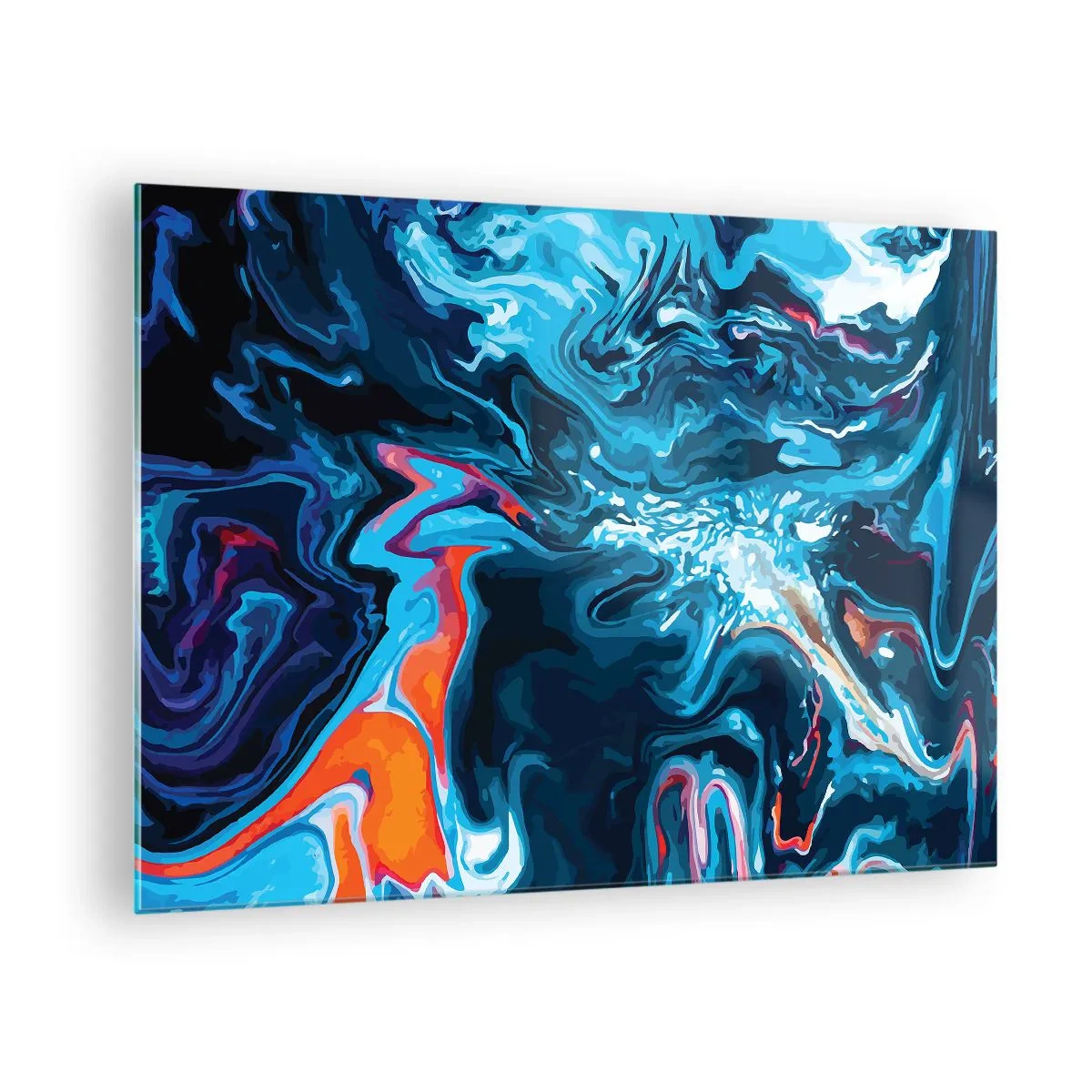 Obraz na szkle - Abstrakcyjny wzór w odcieniach niebieskiego z akcentami czerwieni i bieli - 70x50cm - Podróż do wnętrza nieba - Nowoczesna dekoracja ścienna do salonu i sypialni ARTTOR