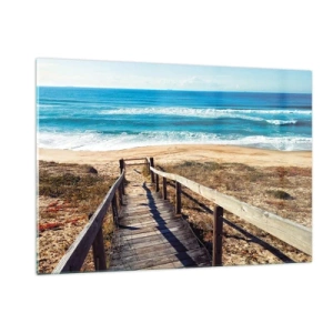 Obraz na szkle - Drewniana ścieżka prowadząca na plażę z widokiem na ocean - 120x80cm - Biegnij! - Nowoczesna dekoracja ścienna do salonu, kuchni i sypialni ARTTOR
