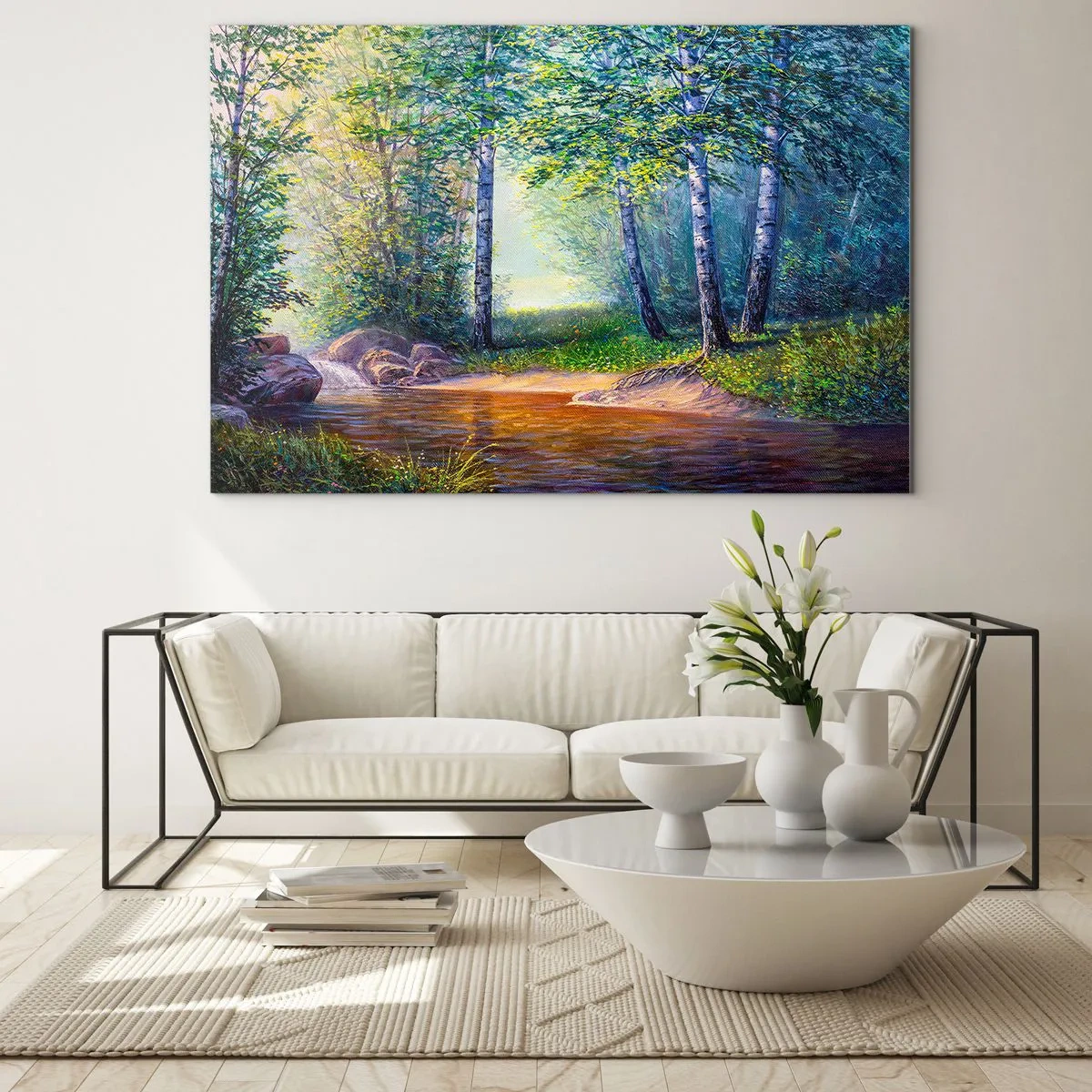 Obraz na szkle - Leśny strumień otoczony drzewami w promieniach słońca - 70x50cm - Sielankowa sceneria - Nowoczesna dekoracja ścienna do salonu i sypialni ARTTOR