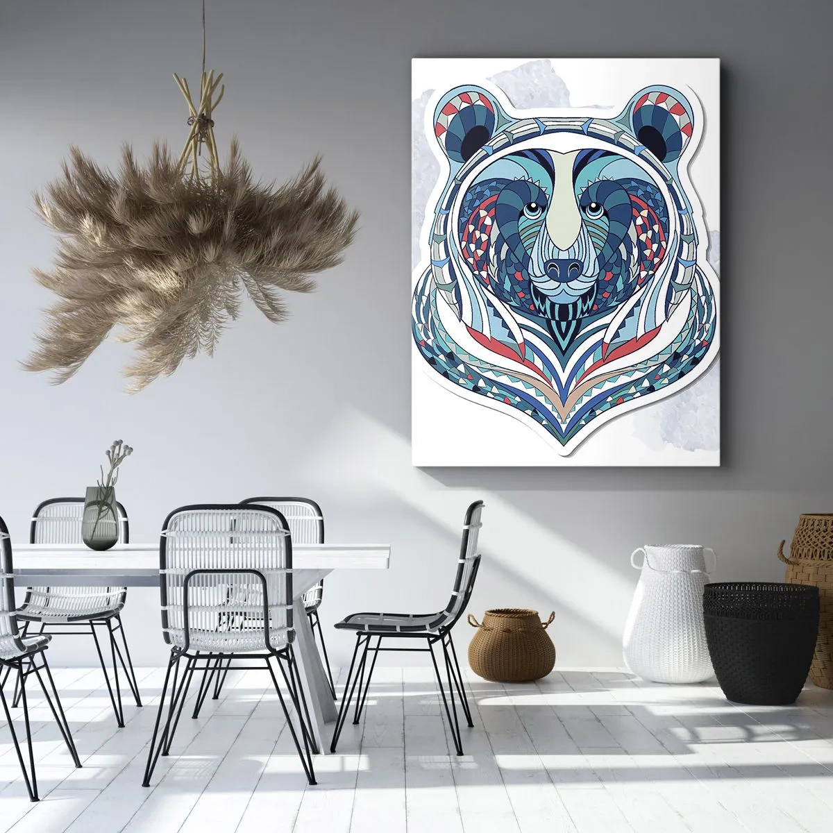 Obraz na płótnie - Geometryczny niedźwiedź w odcieniach niebieskiego i czerwonego - 80x120cm - Eviva Grenlandia! - Nowoczesna dekoracja ścienna do salonu i sypialni ARTTOR