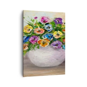 Obraz na płótnie - Kolorowe kwiaty w białym wazonie malowane szpachlą - 50x70cm - Martwa natura z białym wazonem - Nowoczesna dekoracja ścienna do salonu, kuchni i sypialni ARTTOR