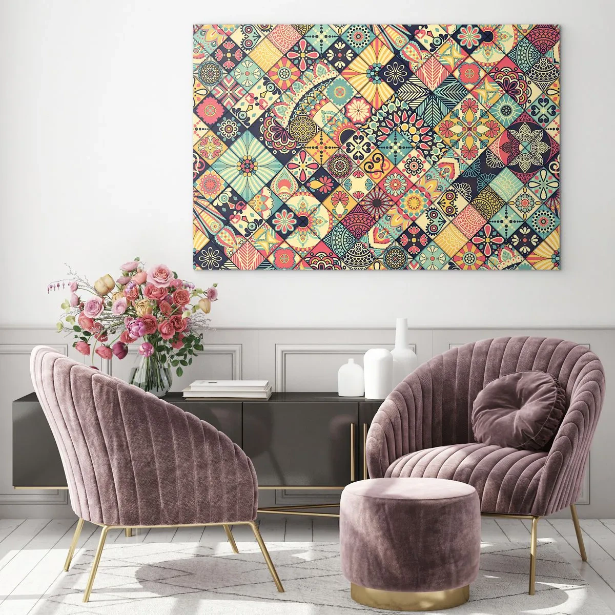 Obraz na szkle - Kolorowy wzór inspirowany marokańskimi płytkami z geometrycznymi motywami - 70x50cm - Marokańskie klimaty - Nowoczesna dekoracja ścienna do salonu i sypialni ARTTOR