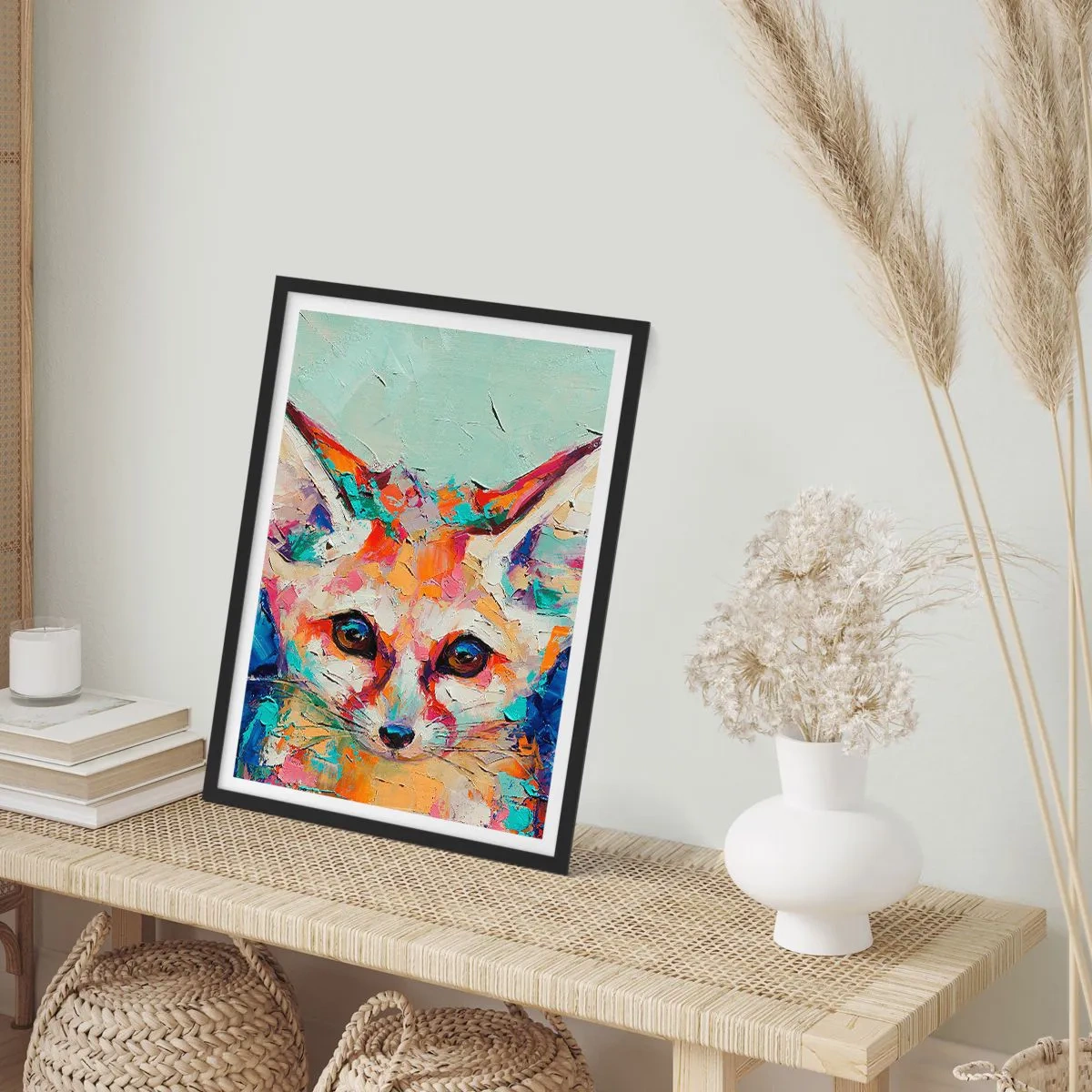 Plakat w czarnej ramie - Kolorowy abstrakcyjny portret lisa z wyrazistym spojrzeniem - 50x70cm - Jesteście na mnie gotowi? - Nowoczesna dekoracja ścienna do salonu i sypialni ARTTOR