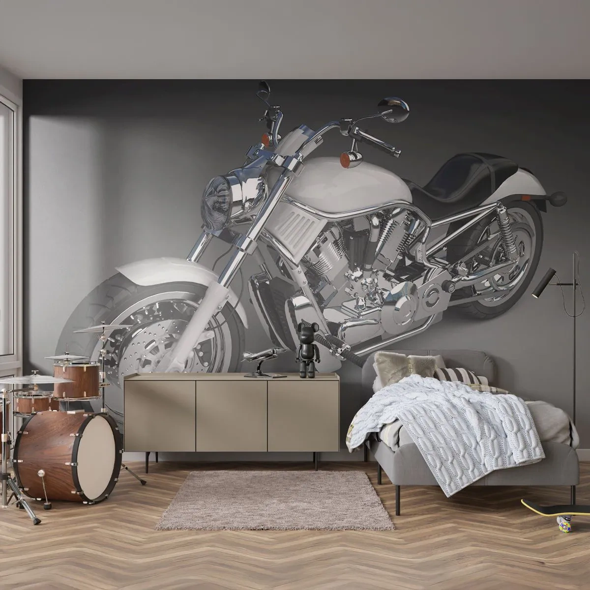 Fototapeta Premium Sand - Biały motocykl cruiser na szarym tle - 100x70cm - Aż chce się klęknąć - Nowoczesna dekoracja ścienna do salonu, kuchni i sypialni ARTTOR