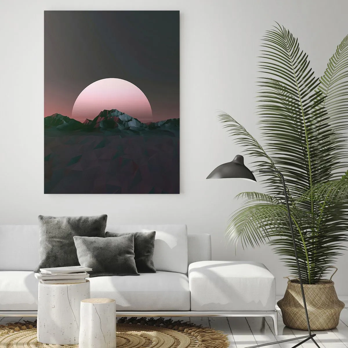 Obraz na szkle - Geometryczne góry z zachodzącym słońcem w tle - 80x120cm - W sąsiedniej galaktyce - Nowoczesna dekoracja ścienna do salonu i sypialni ARTTOR