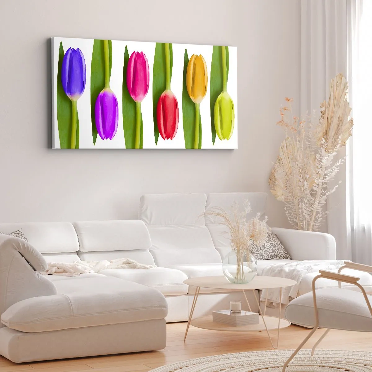 Obraz na płótnie - Różnokolorowe tulipany ułożone w rzędzie na białym tle - 140x50cm - Tęczowa kompozycja - Nowoczesna dekoracja ścienna do salonu i sypialni ARTTOR