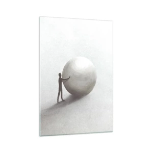 Obraz na szkle - Minimalistyczna postać z kulą na jasnym, monochromatycznym tle - 70x100cm - Gra życia - Nowoczesna dekoracja ścienna do salonu i sypialni ARTTOR