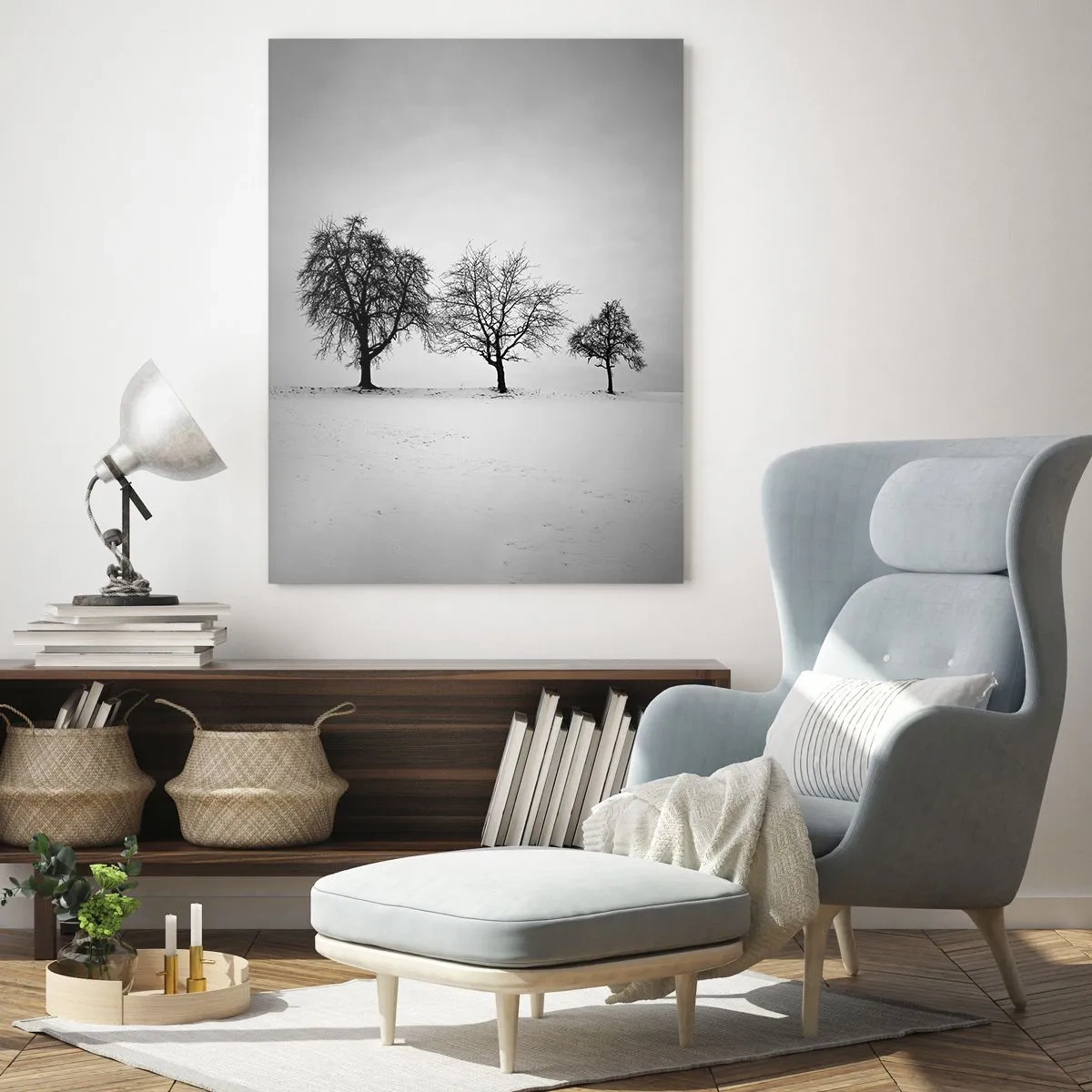 Obraz na szkle - Trzy drzewa na zaśnieżonym polu w monochromatycznym stylu - 80x120cm - O czym śnią? - Nowoczesna dekoracja ścienna do salonu i sypialni ARTTOR