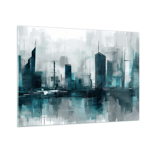 Obraz na szkle - Nowoczesne miasto w odcieniach niebieskiego i szarości - 100x70cm - Miasto w kolorze deszczu - Nowoczesna dekoracja ścienna do salonu, kuchni i sypialni ARTTOR